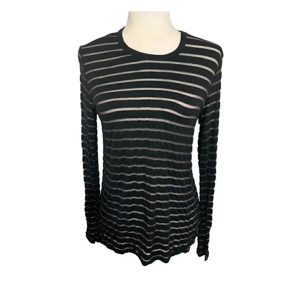 wilfred free womens solid black sheer striped long sleeve too t shirt xxs